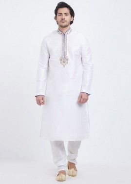 White Art Silk Readymade Kurta With Churidar