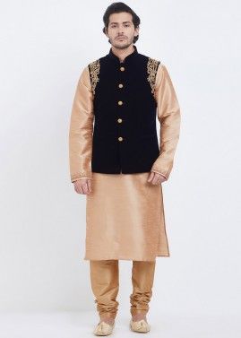 Golden Art Silk Kurta Churidar With Nehru Jacket