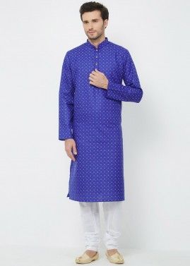 Readymade Cotton Printed Kurta Pajama In Blue