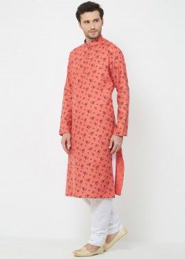 Orange Readymade Cotton Printed Kurta Pajama
