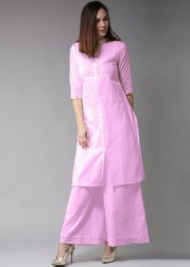 Pink Cotton Readymade Front Slit Style Kurta Set