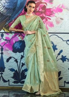 Light Green Organza Woven Saree With Blouse