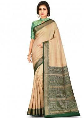 Beige Woven Pure Banarasi Silk Saree With Blouse