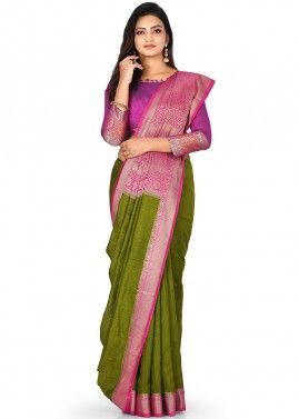 Green Pure Banarasi Silk Woven Saree With Blouse