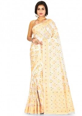 Off White Pure Banarasi Silk Woven Saree With Blouse
