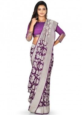 Purple Floral Woven Pure Banarasi Silk Saree