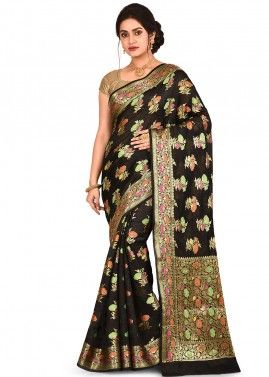 Black Floral Woven Pure Banarasi Silk Saree