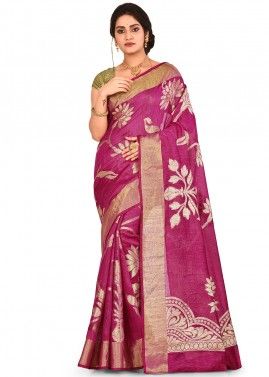 Magenta Pure Banarasi Silk Woven Saree With Blouse