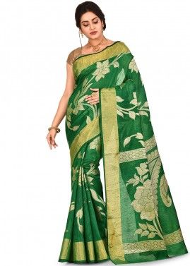 Green Floral Woven Pure Banarasi Silk Saree