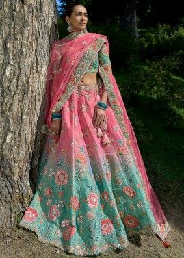 Green & Pink Embroidered Bridal Lehenga Choli In Viscose