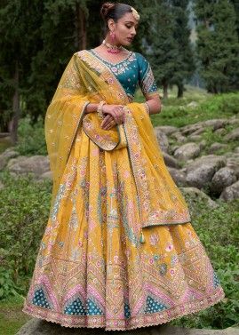 Yellow Embroidered Viscose Bridal Lehenga Choli Set