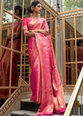 Pink Art Silk Woven Saree With Blouse