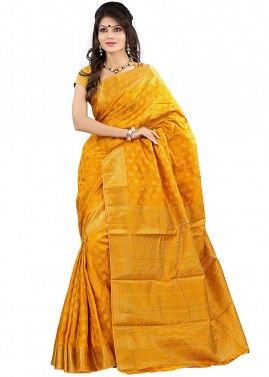 Yellow Kanjivaram Silk Woven Saree With Blouse