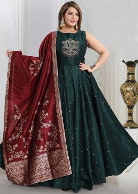 Readymade Embroidered Anarkali Suit In Green