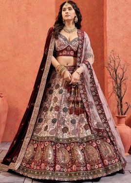 Pink Embroidered Bridal Lehenga Choli In Velvet