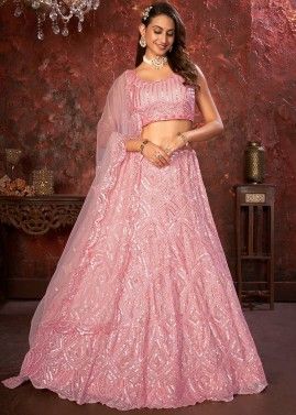 Pink Net Lehenga Choli In Sequins Embellishment