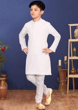 White Embroidered Kids Readymade Kurta Pyjama