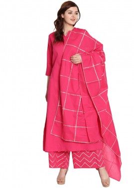 Readymade Cotton Pink Palazzo Suit With Dupatta