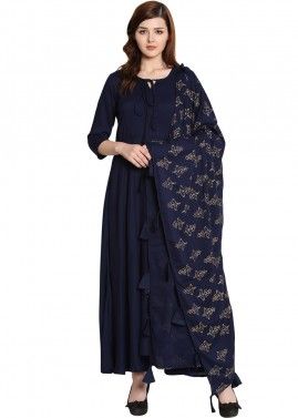 Navy Blue Flared Rayon Readymade Palazzo Suit