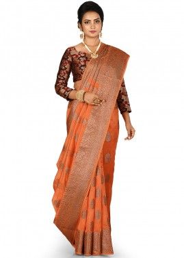 Traditional Orange Saree With Blouse In Silk