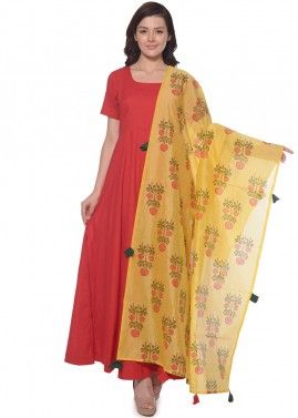 Red Readymade Anarkali Suit In Cotton