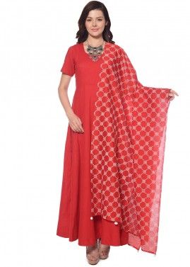 Readymade Red Anarkali Suit With Printed Dupatta
