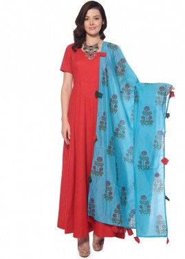 Red Readymade Cotton Anarkali Suit With Dupatta