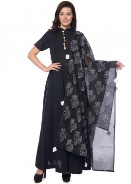 Black Readymade Anarkali Suit With Printed Dupatta