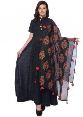 Readymade Black Cotton Anarkali Suit With Dupatta