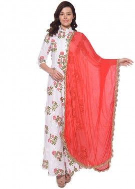 Readymade Floral Block Printed White Anarkali Suit