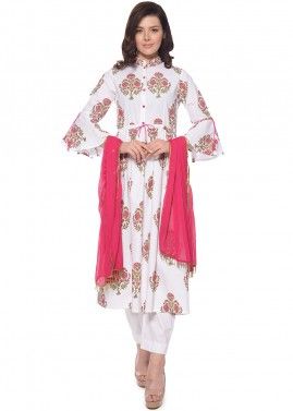 Floral Block Print White Readymade Pant Salwar Suit