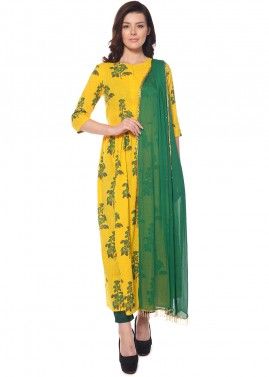 Yellow Readymade Floral Block Print Pant Salwar Suit