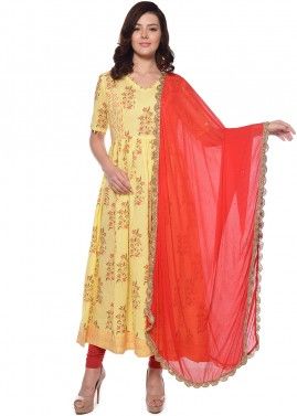 Floral Block Printed Yellow Readymade Anarkali Suit