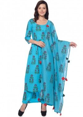 Blue Floral Block Printed Readymade Palazzo Suit