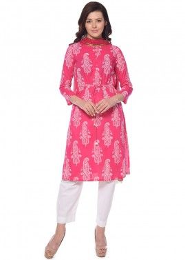 Pink Paisley Block Print Readymade Pant Salwar Suit