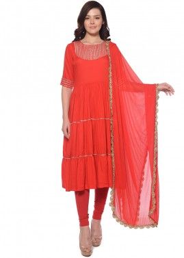 Red Readymade Gota Embellished Anarkali Suit