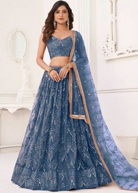 Blue Sequins Embellished Net Lehenga Choli & Dupatta