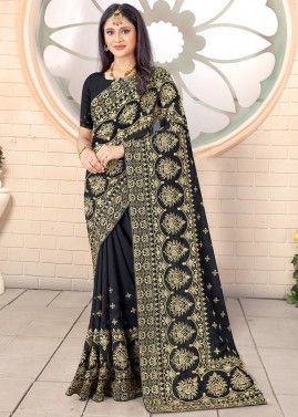 Black Embroidered Wedding Saree In Silk