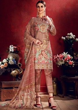 Peach Georgette Embroidered Pant Salwar Suit