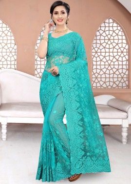 Turquoise Net Embroidered Saree With Blouse