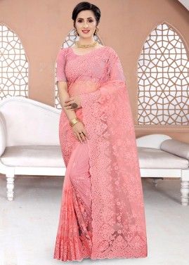 Peach Embroidered Heavy Border Saree With Blouse