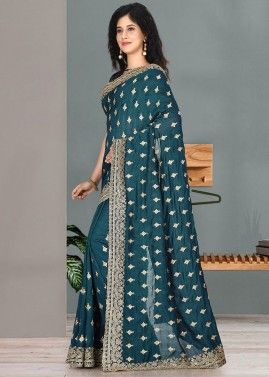 Blue Zari Embroidered Saree With Blouse
