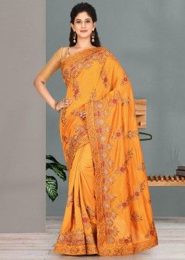 Orange Embroidered Wedding Silk Saree