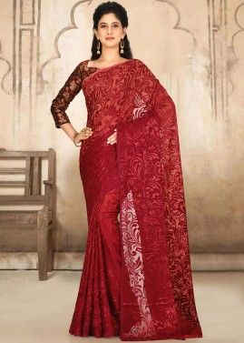 Red Woven Georgette Partywear Saree
