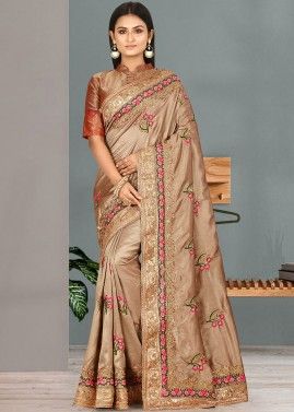 Beige Embroidered Art Silk Saree With Blouse