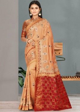 Orange Embroidered Silk Saree With Blouse