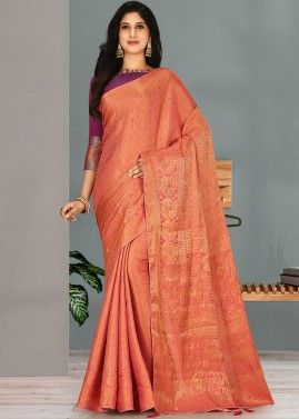 Woven Orange Kanjivaram Silk Saree With Blouse