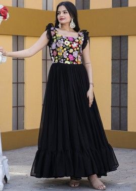 Black Embroidered Gown In Georgette