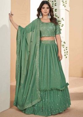 Green Embroidered Georgette Lehenga Choli In Tiered Style