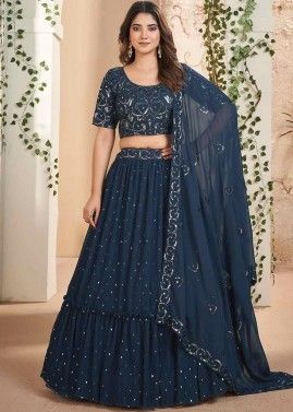 Blue Tiered Style Georgette Lehenga Choli In Thread Embroidery
